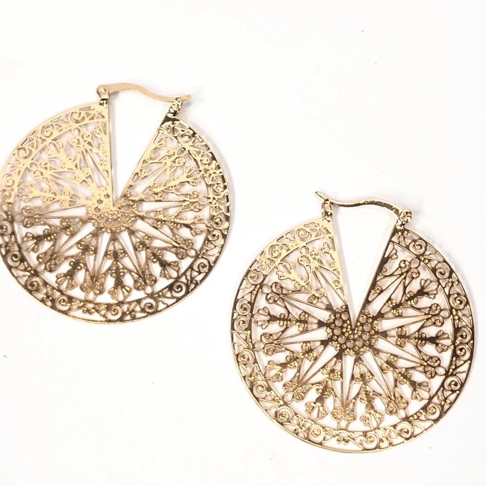 Filigree Cut -Out Gold Tone Hoop Earrings -Statement Metal Hoops Elegant Jewelry